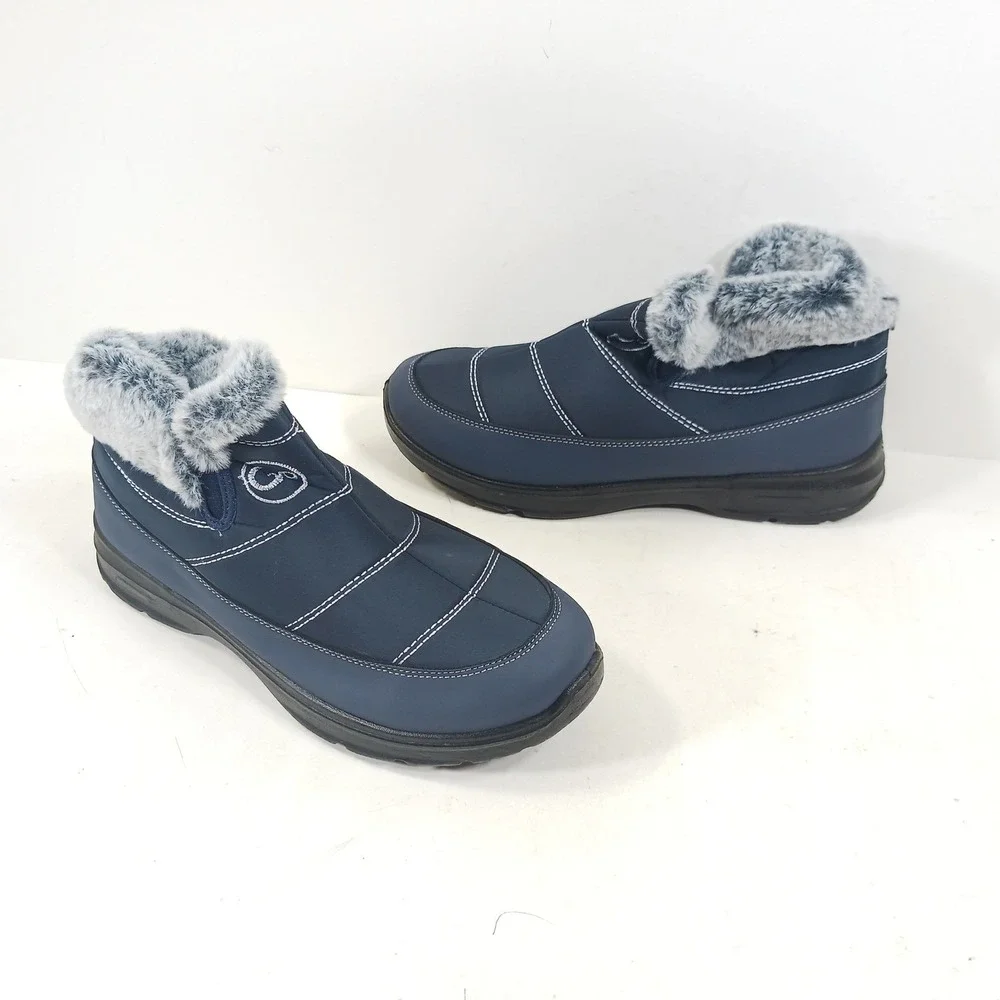 Navy Blue Quilted Faux Fur Lined Winter Ankle Boots Slip On Snow‎ Boots